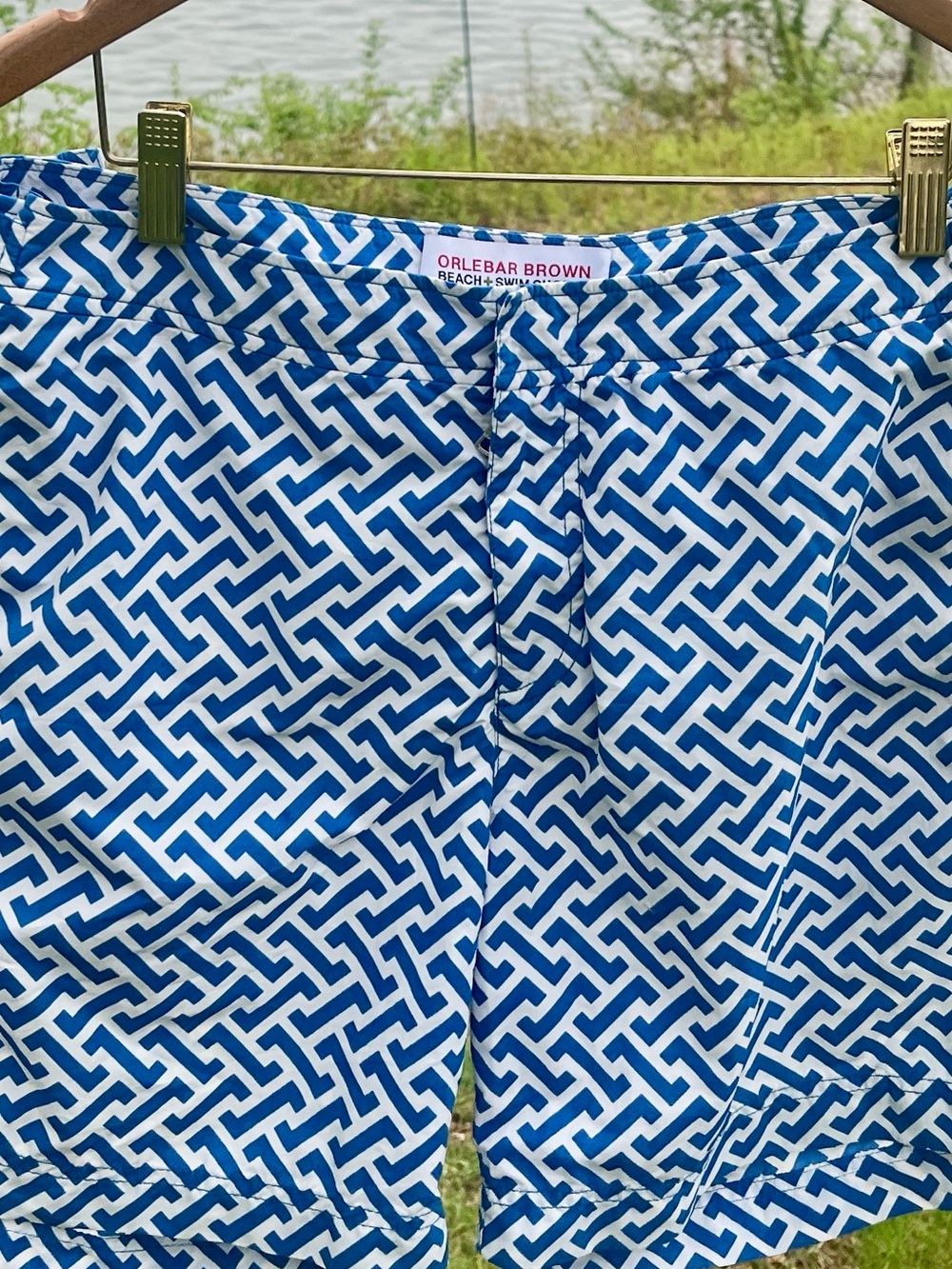 Orlebar Brown Bulldog Swim Shorts Blue White Geometric Print Size 34 - Picture 16 of 16
